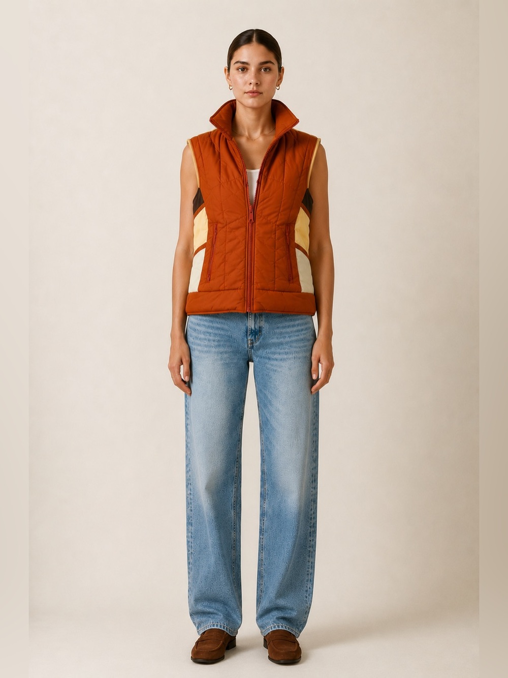 Vintage 70s Color Block Nylon Puffer Vest Burnt Orange Ski Utility Medium
